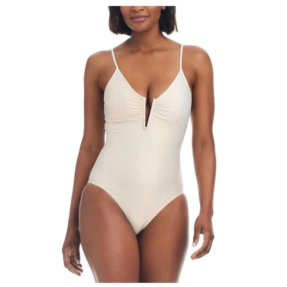 Sanctuary Swim Sandbar solids V wire one piece ribbed swimsuit in cream Large